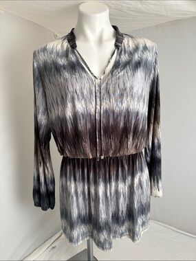 Ariella multicolor print stretch long sleeve v-neck blouson dress
